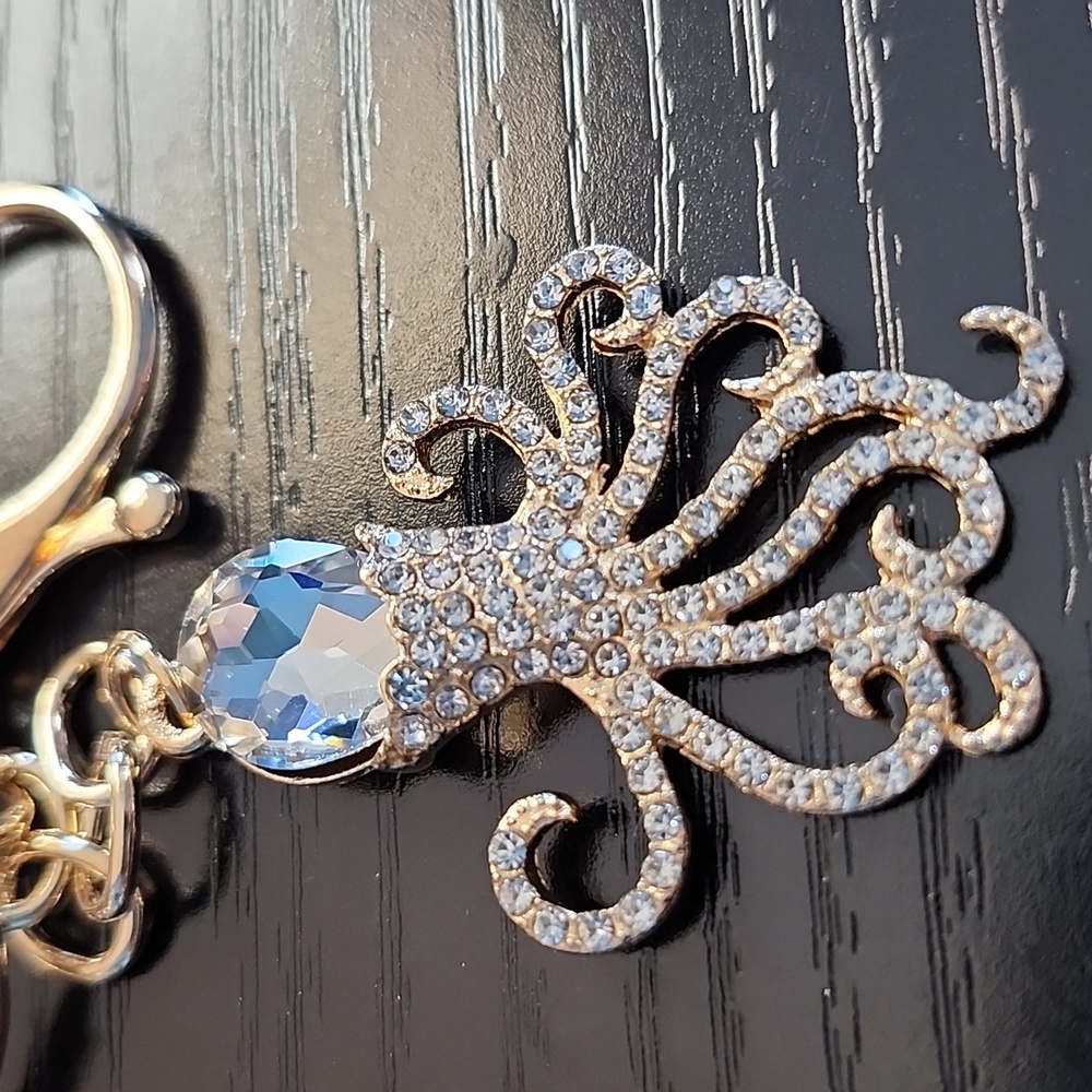 Gold Octopus Keychain with Clear Crystal Accent - Picture 2 of 5